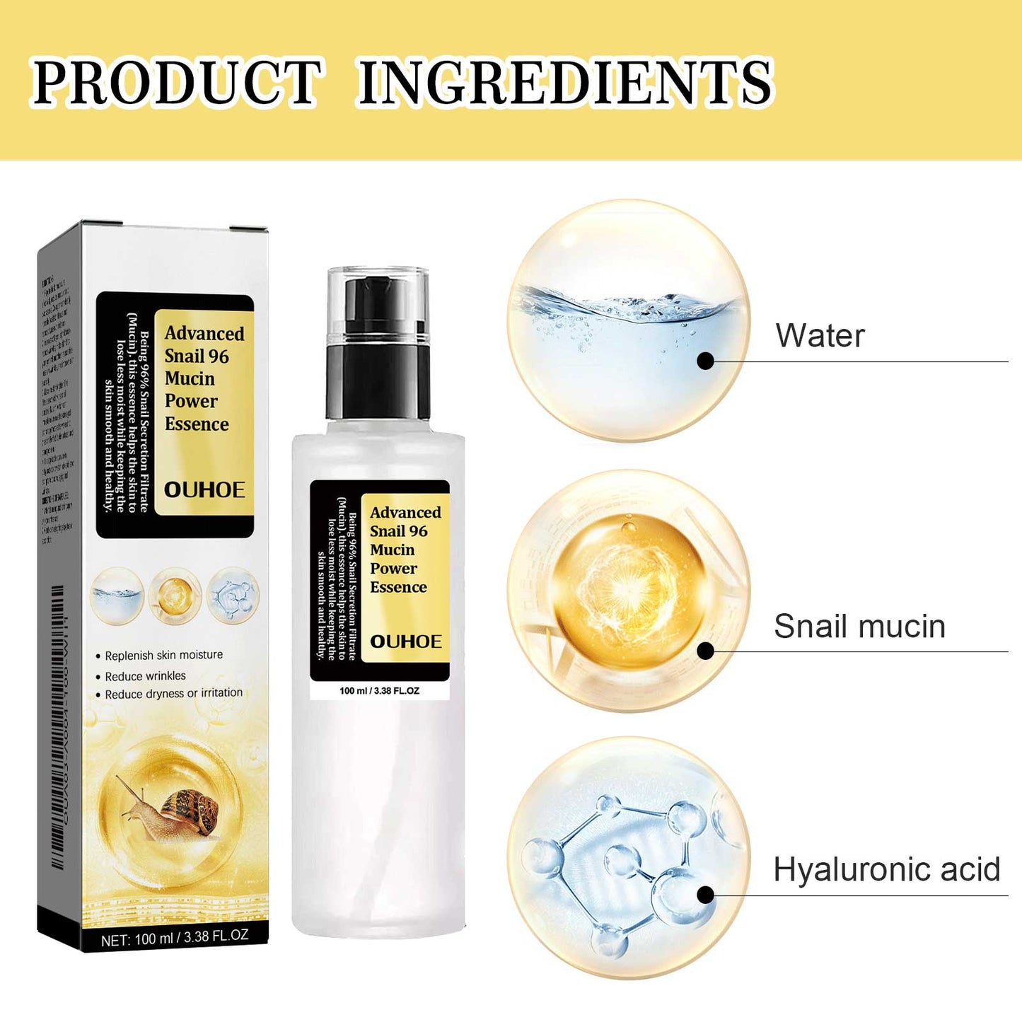 OUHOE Snail 96 Collagen Power Essence, Repair Skin Barrier Moisturizing And Fading Dark Spots Snail Essence