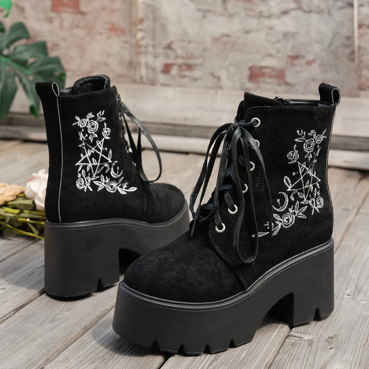 Floral Embroidered Platform Combat Boots