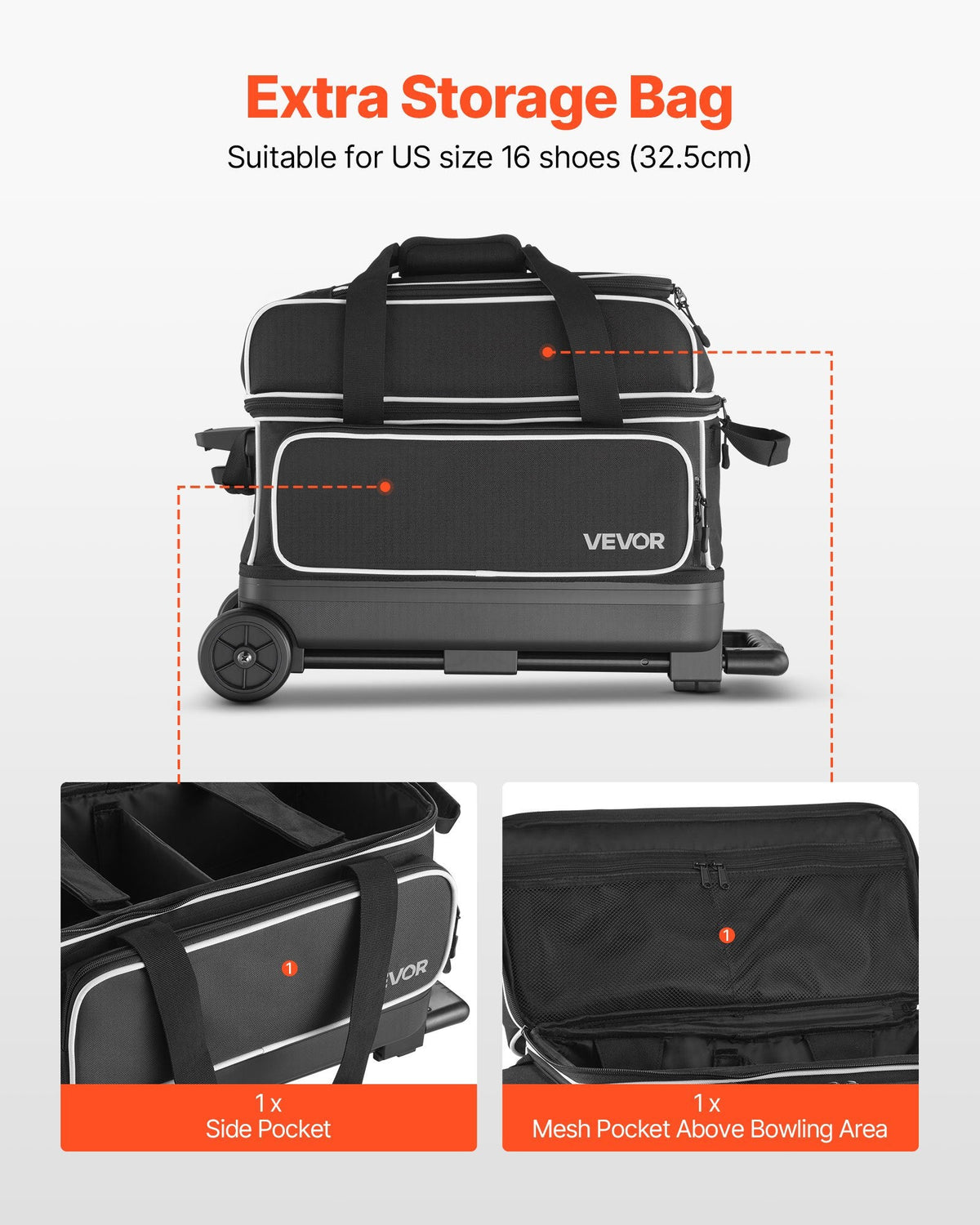 Bowling Ball Bag, 2 Ball Double Roller Bowling Bag With Wheels, Featuring A Separate Compartment For Shoes (Up To US Size 16) & Oversized Accessory Pocket, Retractable Handle Extends To 41.32 In