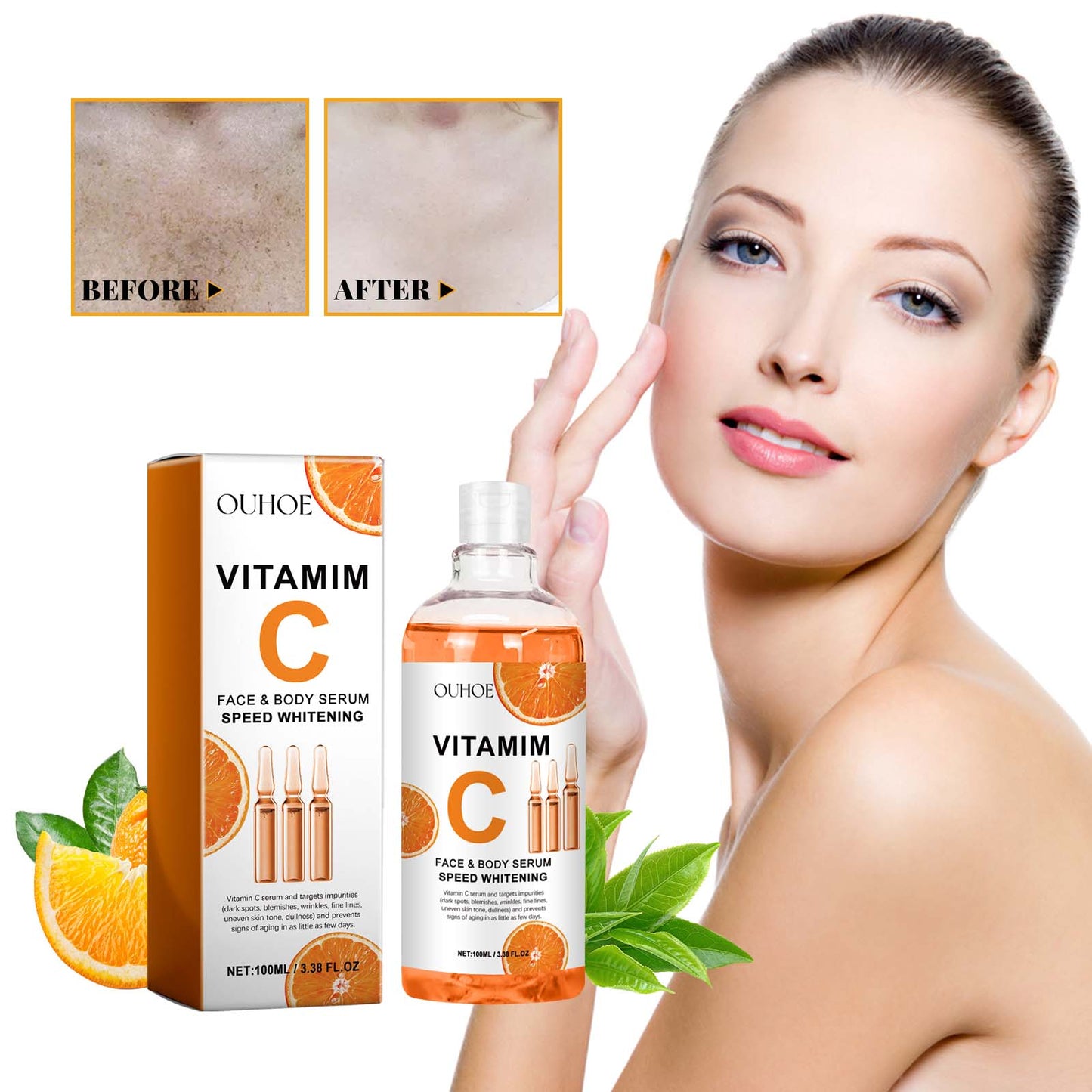 OUHOE Vitamim C Face Body Serum, Repair Nourish Skin Filling Water Carry Bright Tight Anti-Wrinkle Fine Lines