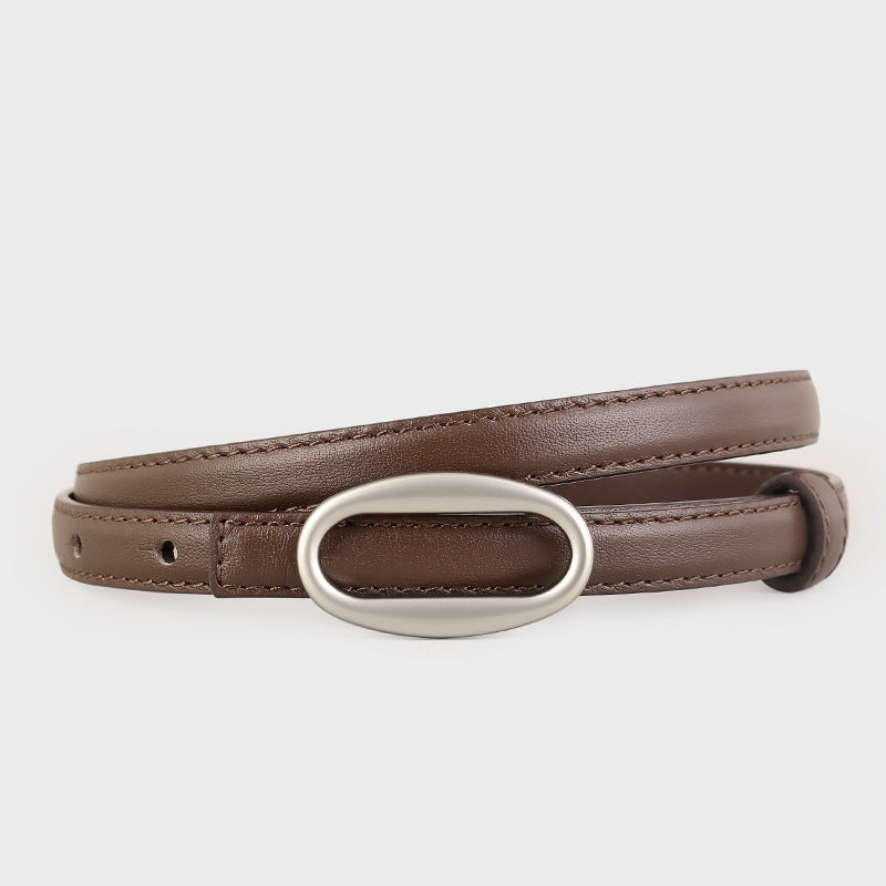 Oval Buckle Skinny Leather Belt