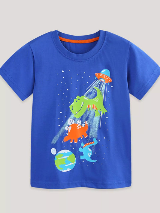 Children's Dinosaur & UFO Graphic Crew Neck Short Sleeve T-Shirt