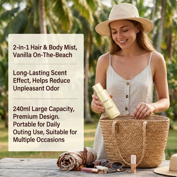 Vanilla Coconut Hair & Body Mist, Long-Lasting Fragrance Spray, Refreshing Non-Sticky Formula, 240ml