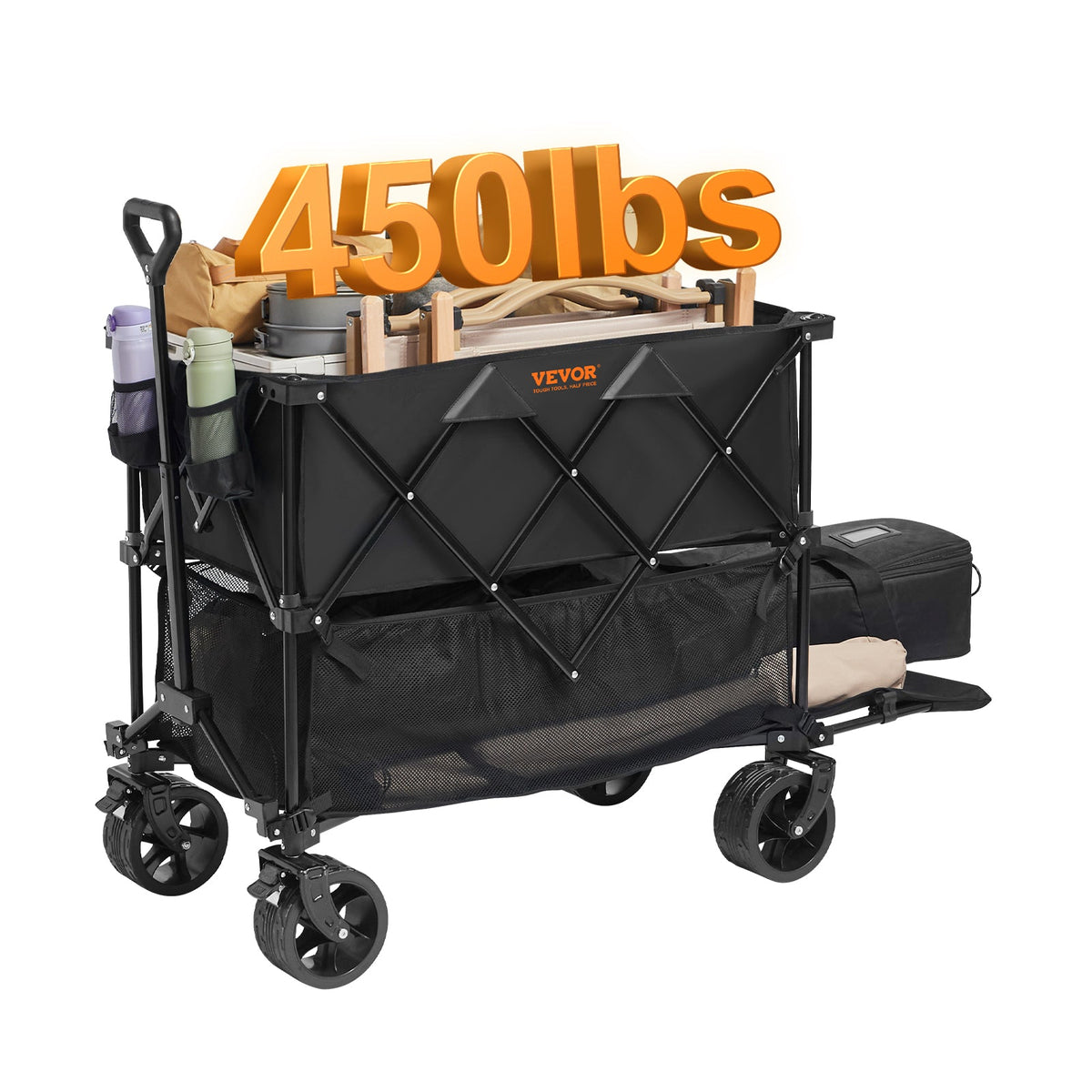 VEVOR Foldable Double Decker Wagon, 400L Collapsible Wagon Cart With All-Terrain Wheels, Heavy Duty Folding Wagon Cart 450 Lbs Weight Capacity For Camping, Shopping, Garden,