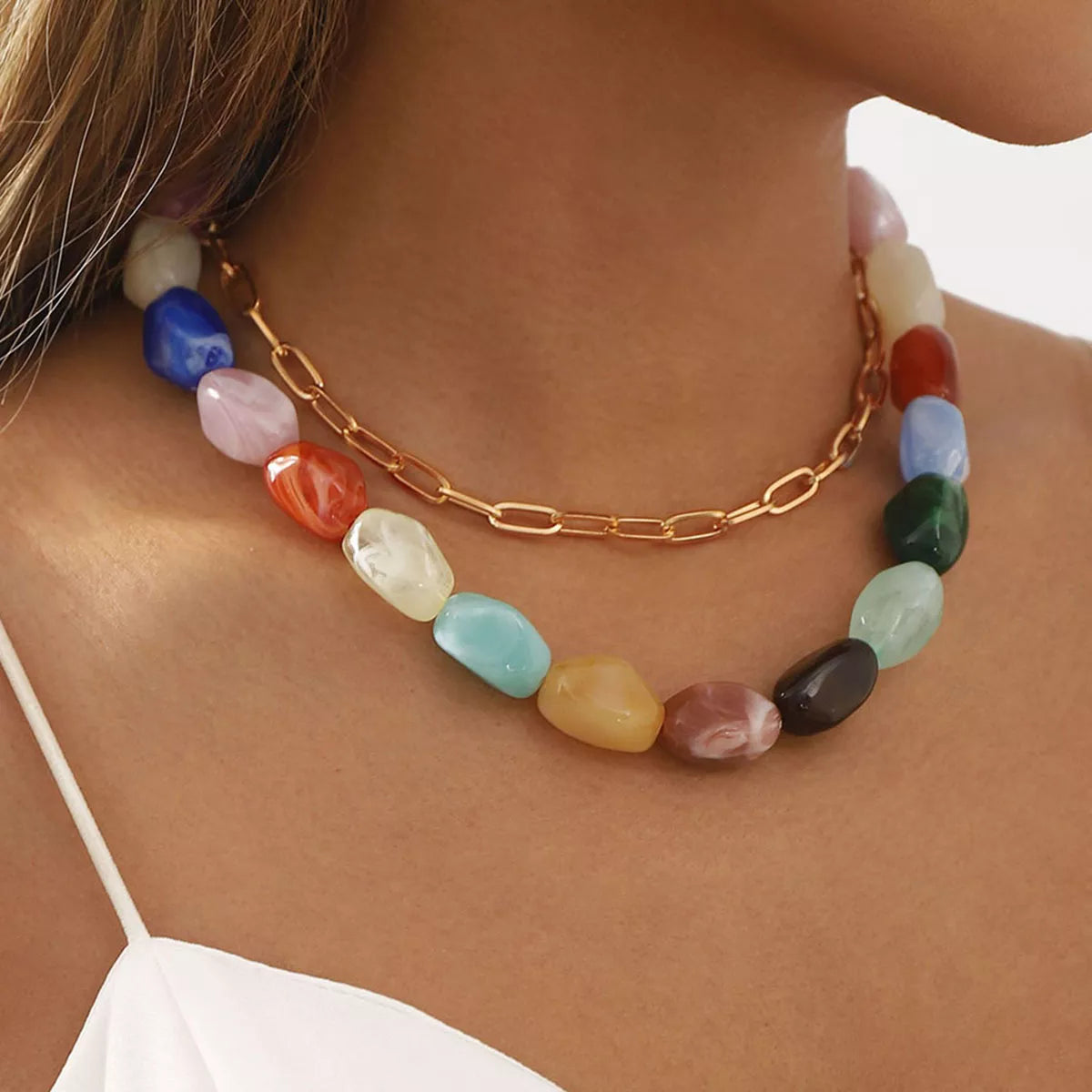 2 Piece Colorful Beaded Chain Necklace