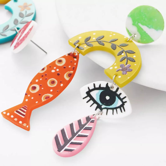 Evil Eye & Fish Dangle Earrings