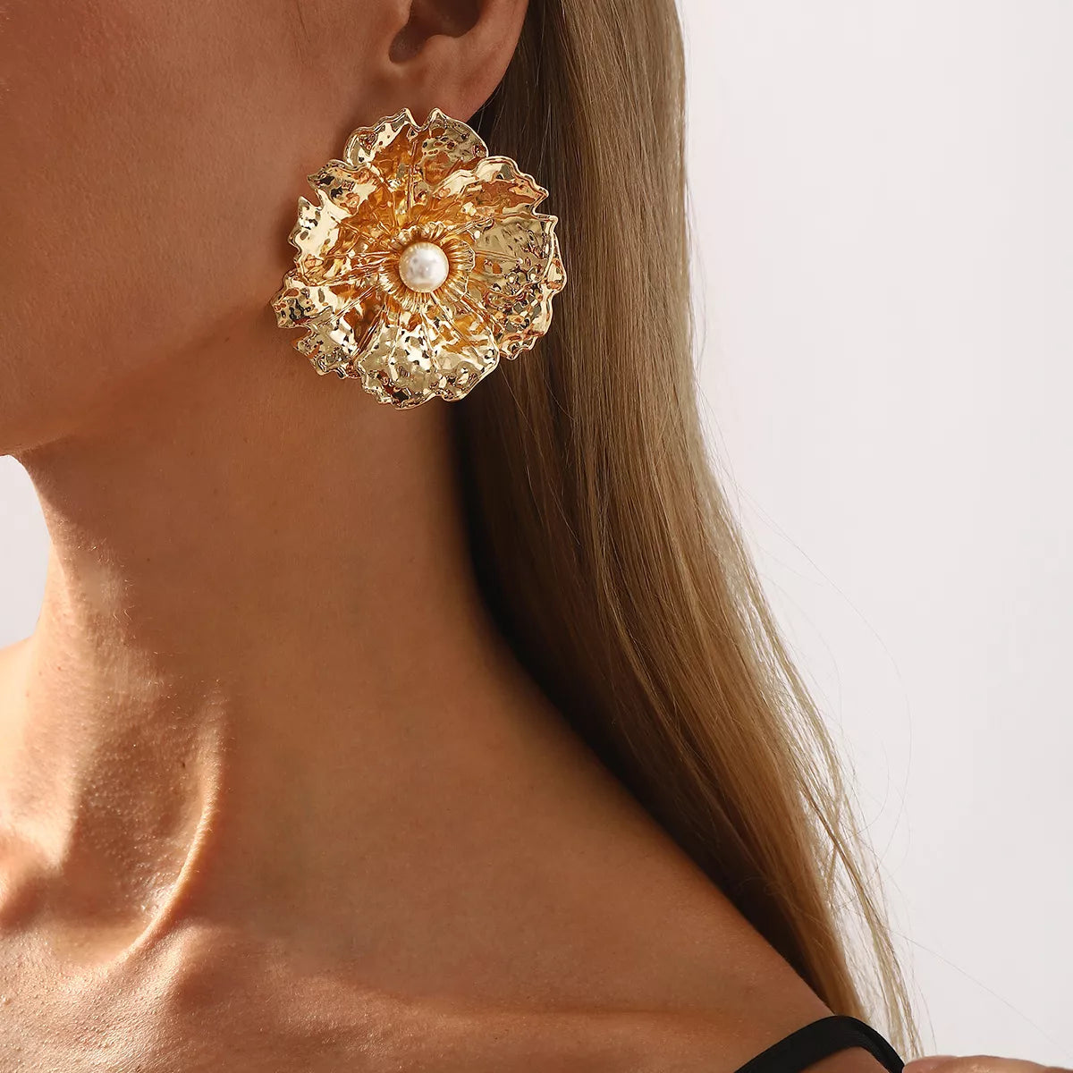 Gold Textured Flower Pearl Center Statement Earrings