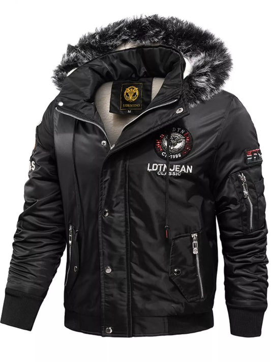 Men's Plus Size Winter Warm Fur Hooded Bomber Jacket
