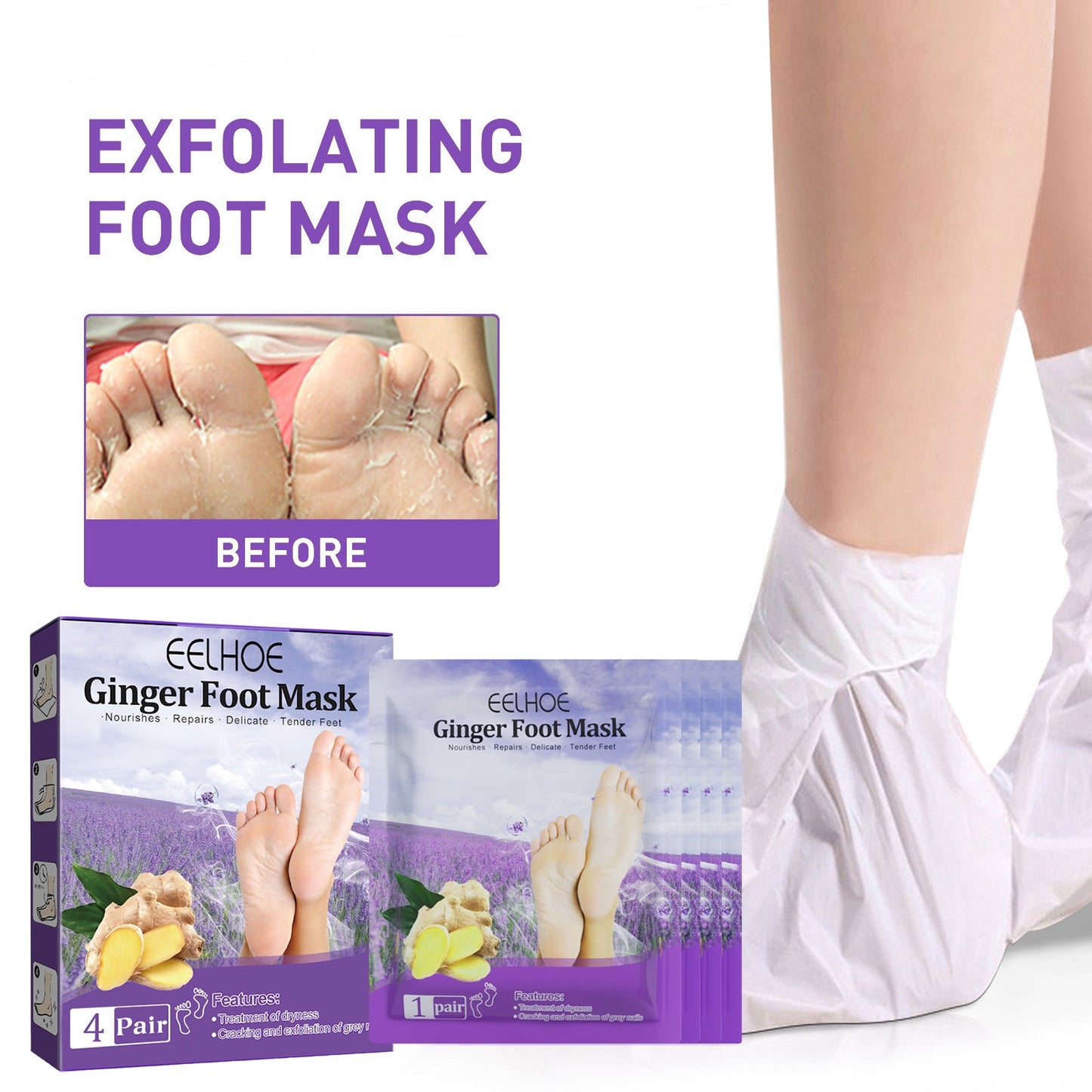 EELHOE Ginger Foot Mask (Bag) Foot Moisturizing, Nourishing, Rejuvenating, Exfoliating, Removing Dead Skin, Dry And Cracked Skin Care Foot Mask