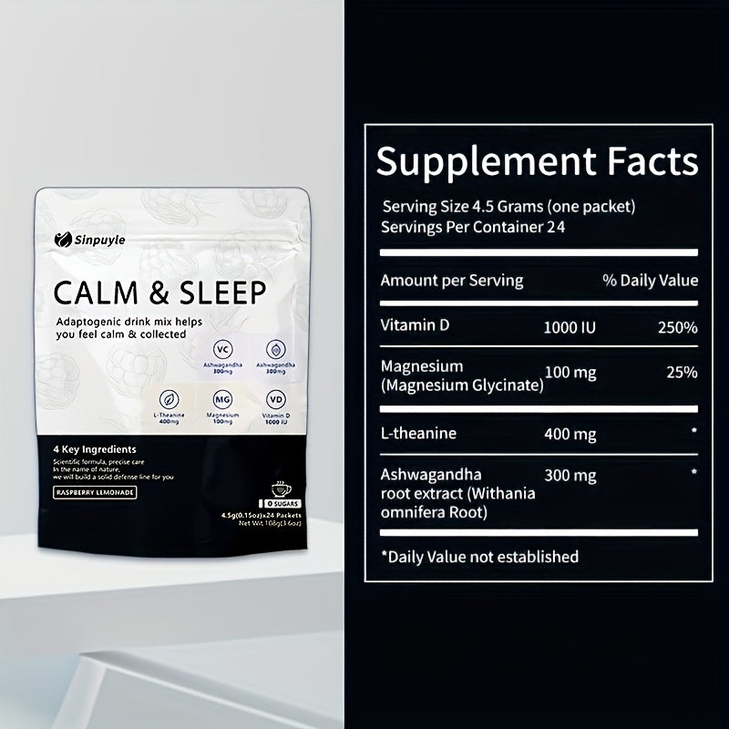 Calm & Sleep Adaptogenic Drink Mix - Raspberry Lemonade, 0 Sugars - L-Theanine, Ashwagandha & Magnesium For Relaxation & Rest, 24 Packets