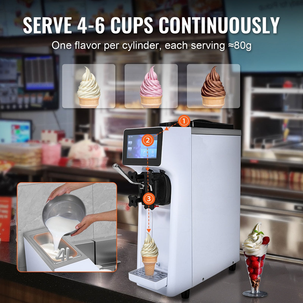 Commercial Ice Cream Machine, 10.6 QT/H Yield, 1000W Single Flavor Countertop Soft Serve Ice Cream Maker, 4L Hopper 1.6L Cylinder, Touch Screen Auto Clean Pre-cooling, For Restaurant Snack Bar