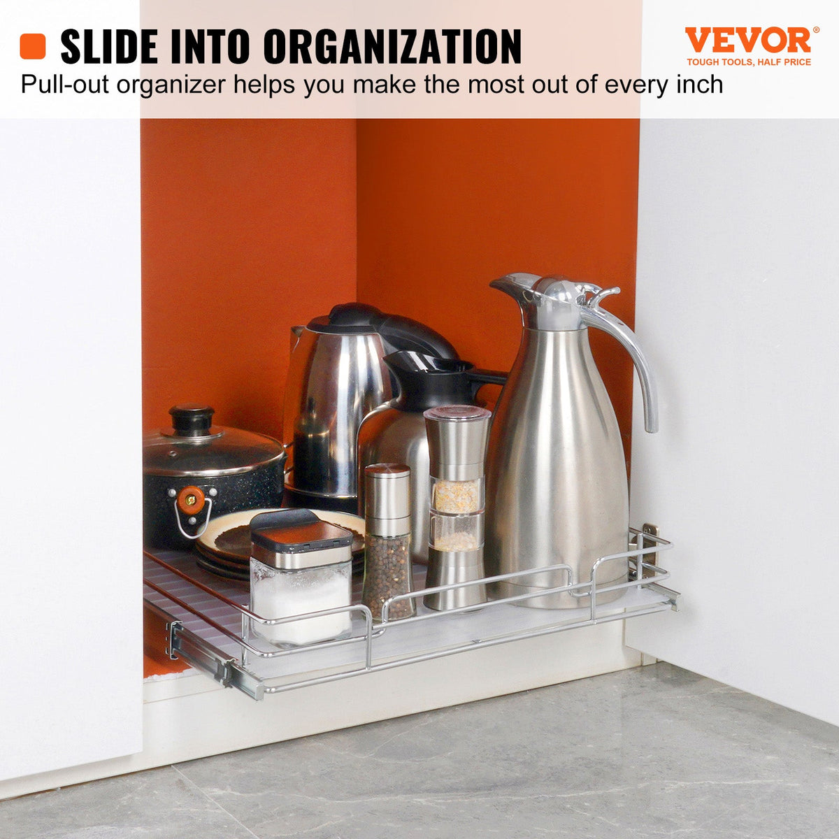VEVOR 14W X 21D Pull Out Cabinet Organizer, Heavy Duty Slide Out Pantry Shelves, Chrome Plated Steel Roll Out Drawers, Sliding Drawer Storage For Home, Inside Kitchen Cabinet, Bathroom, Under Sink