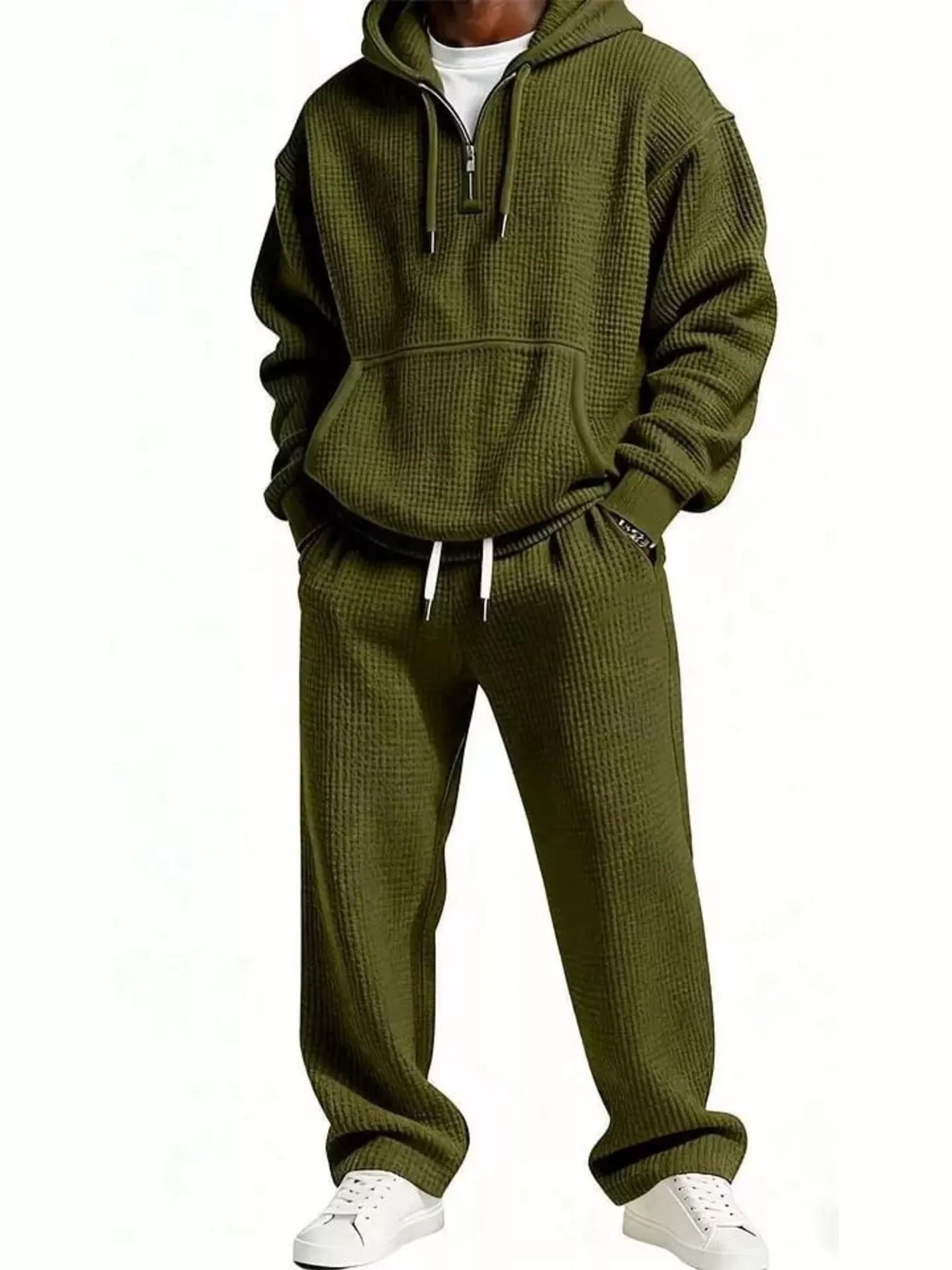 Men's Full Size Casual Waffle Knit Hoodie and Pants Set Plus Size