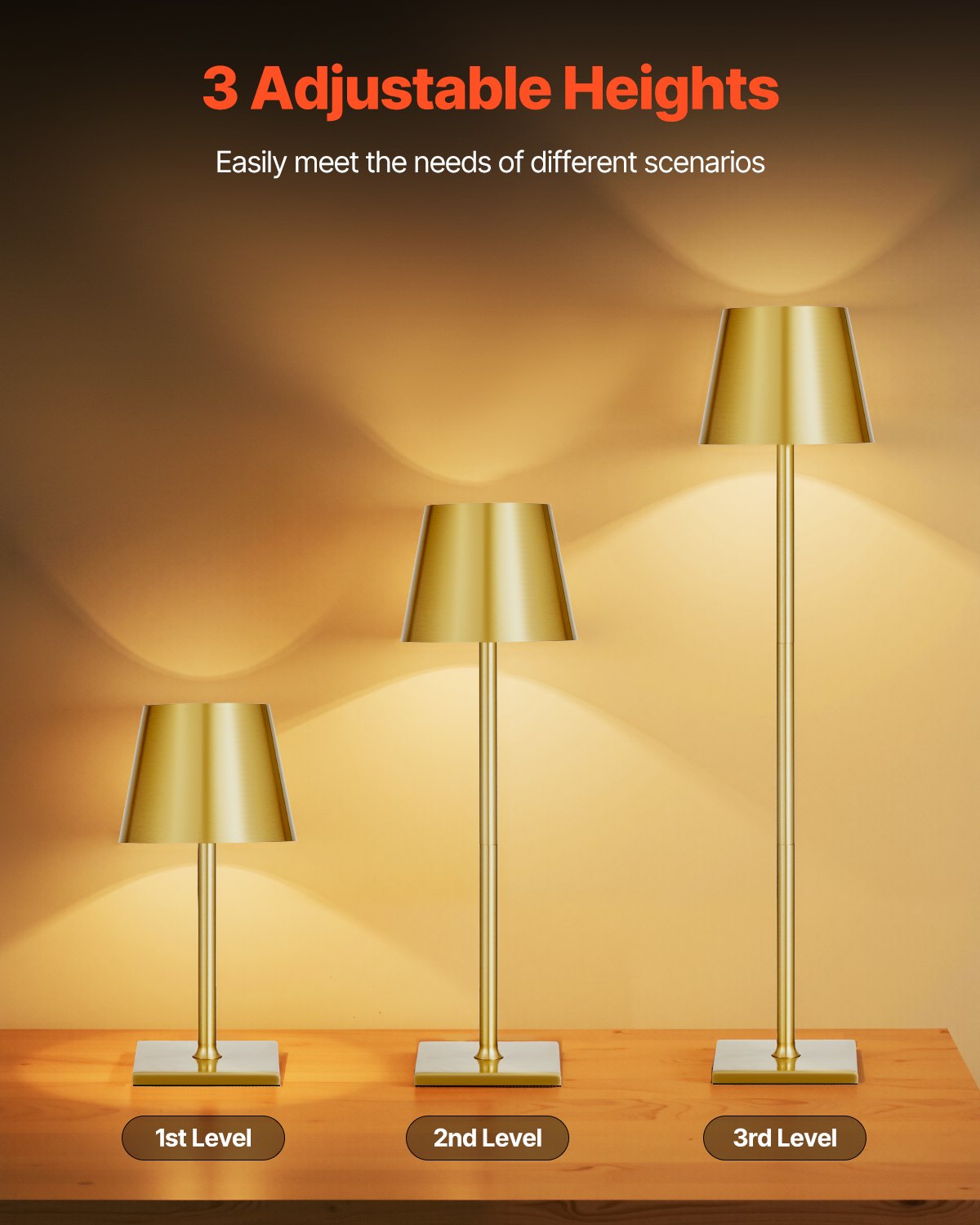 Cordless Table Lamp 2 PCS Rechargeable Battery Desk Lamp Adjustable Height Gold