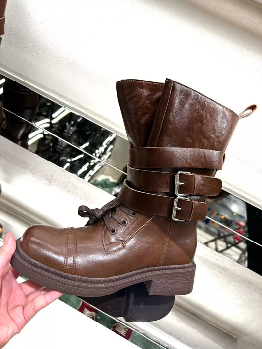 Buckled Leather Block Heel Boots