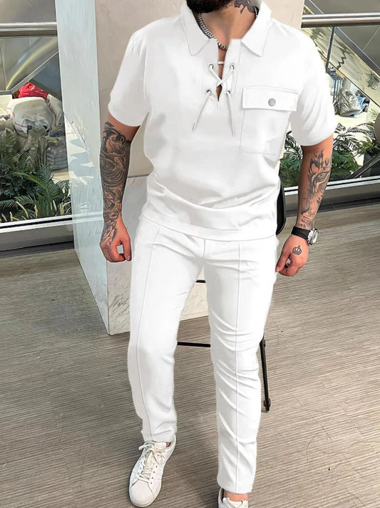 Men's Full Size Lace Up Short Sleeve Top and Pants Plus Size