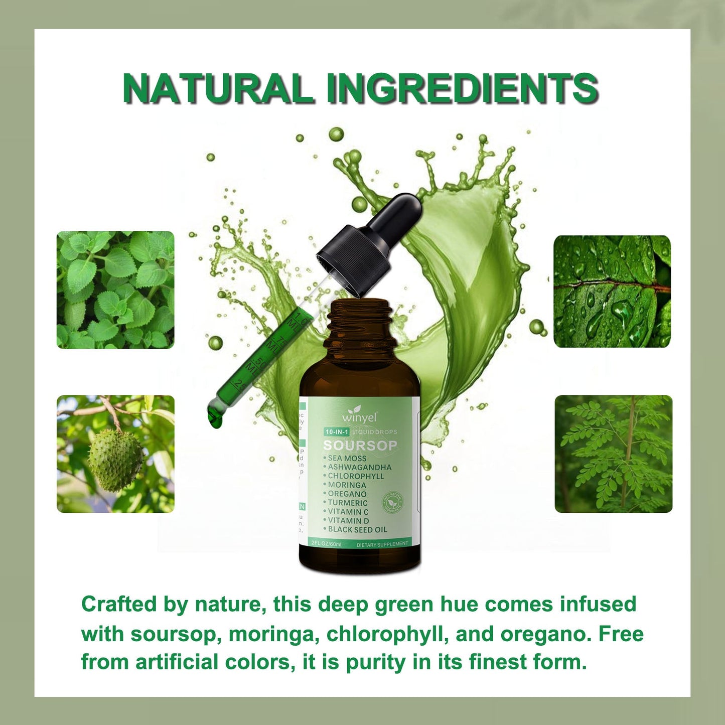 Soursop Drops 10-in-1 With Seaweed, Moringa, Black Seed Oil, Oregano, Ashwagandha, Chlorophyll  Herbal Extracts Promote Overall Health  Vegan 2 Fl Oz