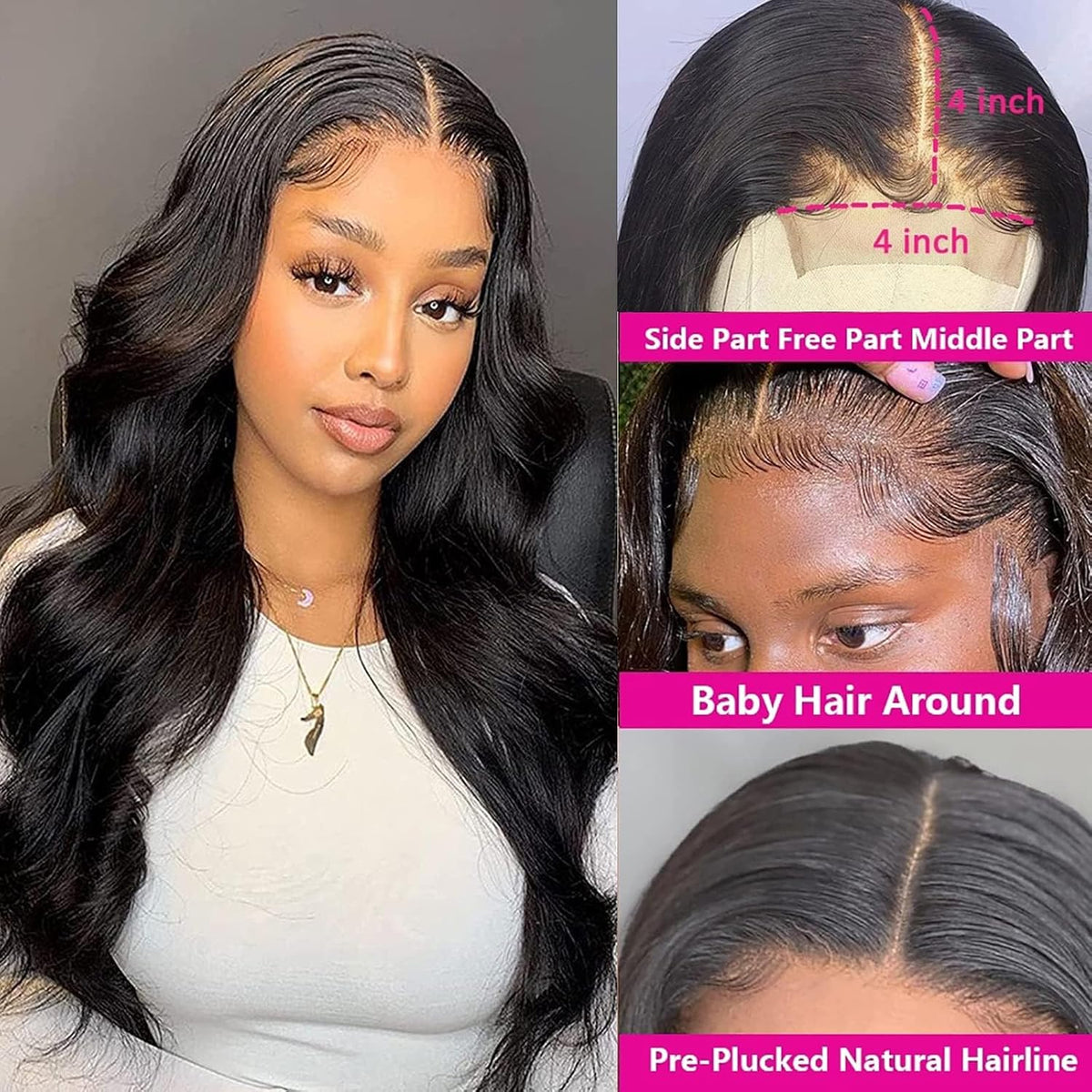 4x4 Lace Human Hair Wig Body Wave Natural Color Density