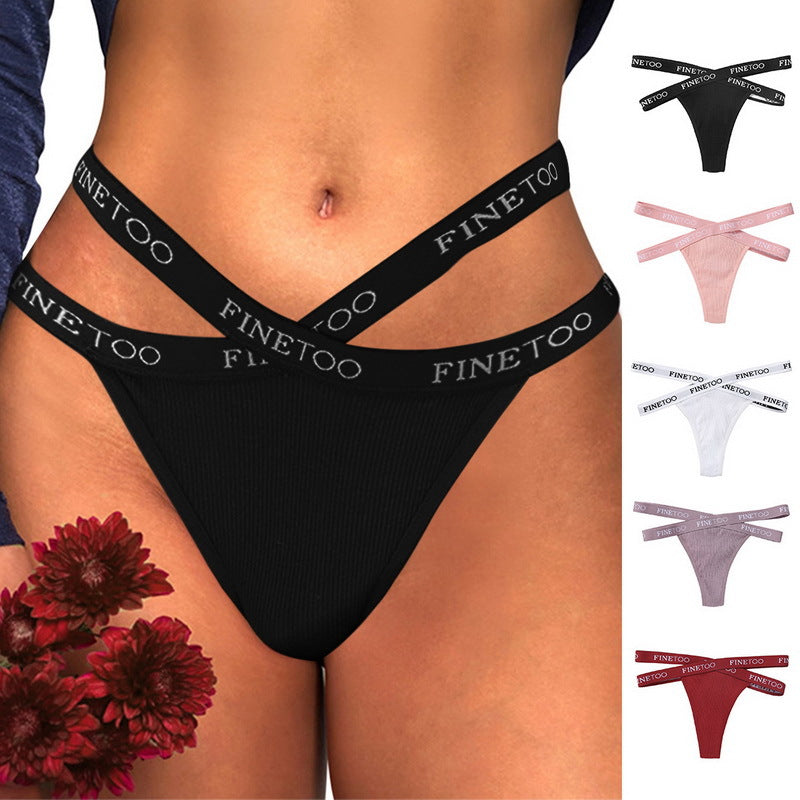 Women's Thong Sexy Cross Letter Belt Panties High Slit Threaded Cotton Briefs