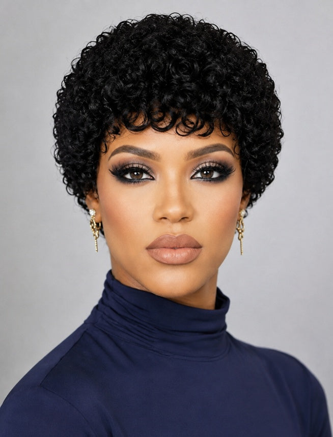 Pixie-style Human Hair Wig, Natural Color, Jerry Curly Texture, 4-inch Length.