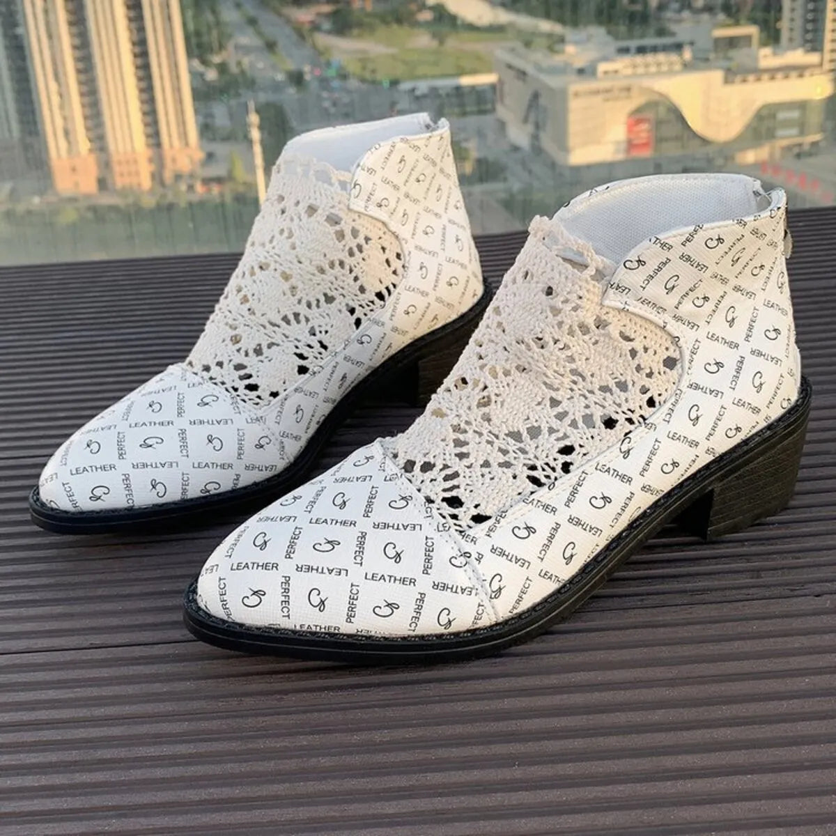 Printed Point Toe Block Heels Boots