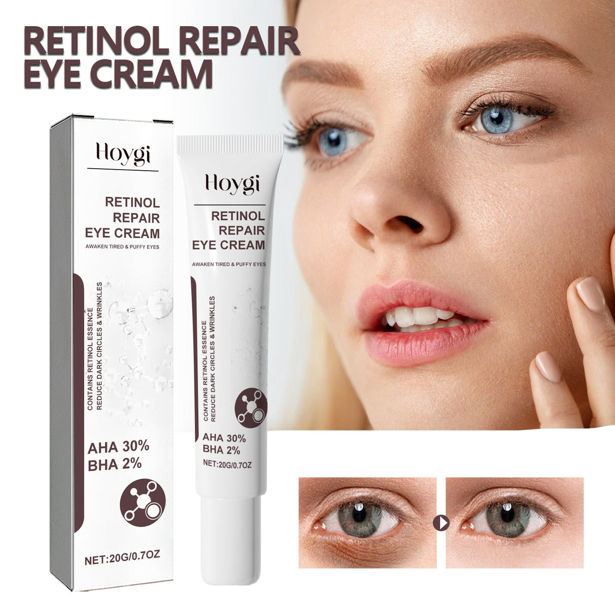 Hoygi Retinol Repair Eye Cream, Reduce Wrinkles Fine Lines Bags Dark Circles Brightening Skin Anti-Wrinkle Repair Eye Cream