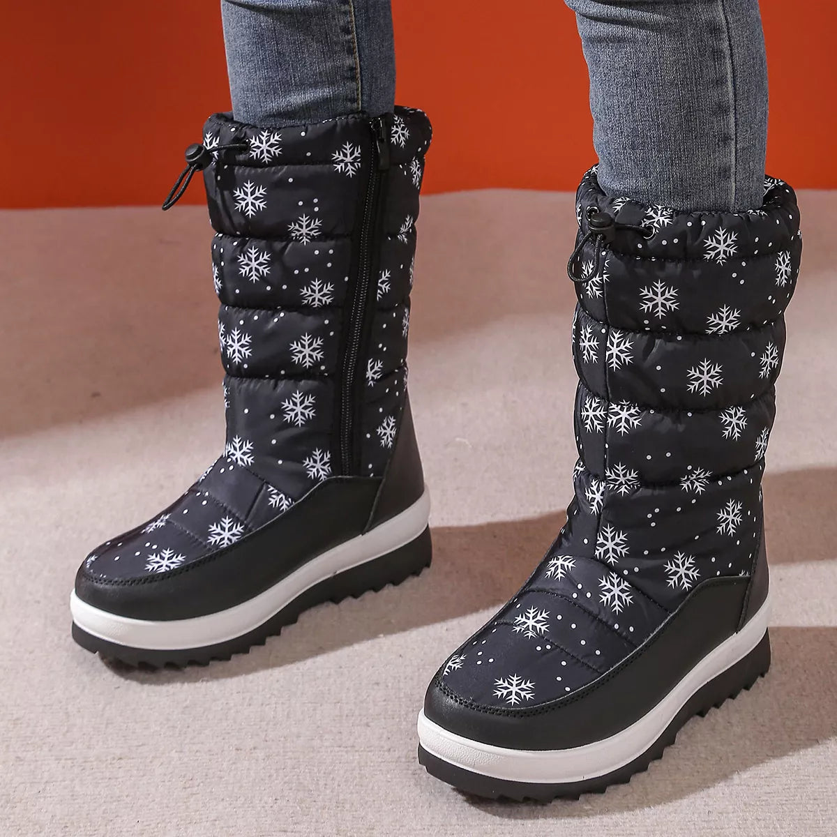 Snowflake Pattern Platform Winter Boots with Adjustable Drawstring
