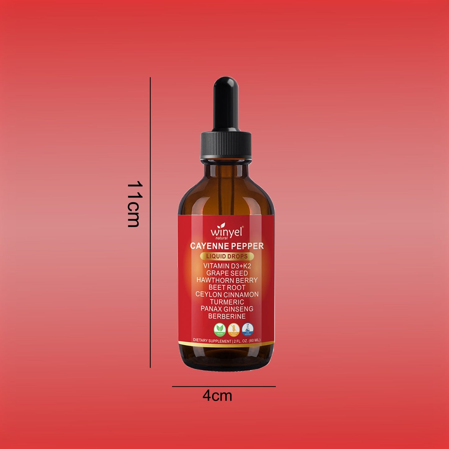 WINYEL Cayenne Pepper Drops Herbal Supplement, Hawthorn Berry, Vitamin D3 K2, Beet Root, Ceylon Cinnamon, Turmeric & Berberine Extract, 60ML