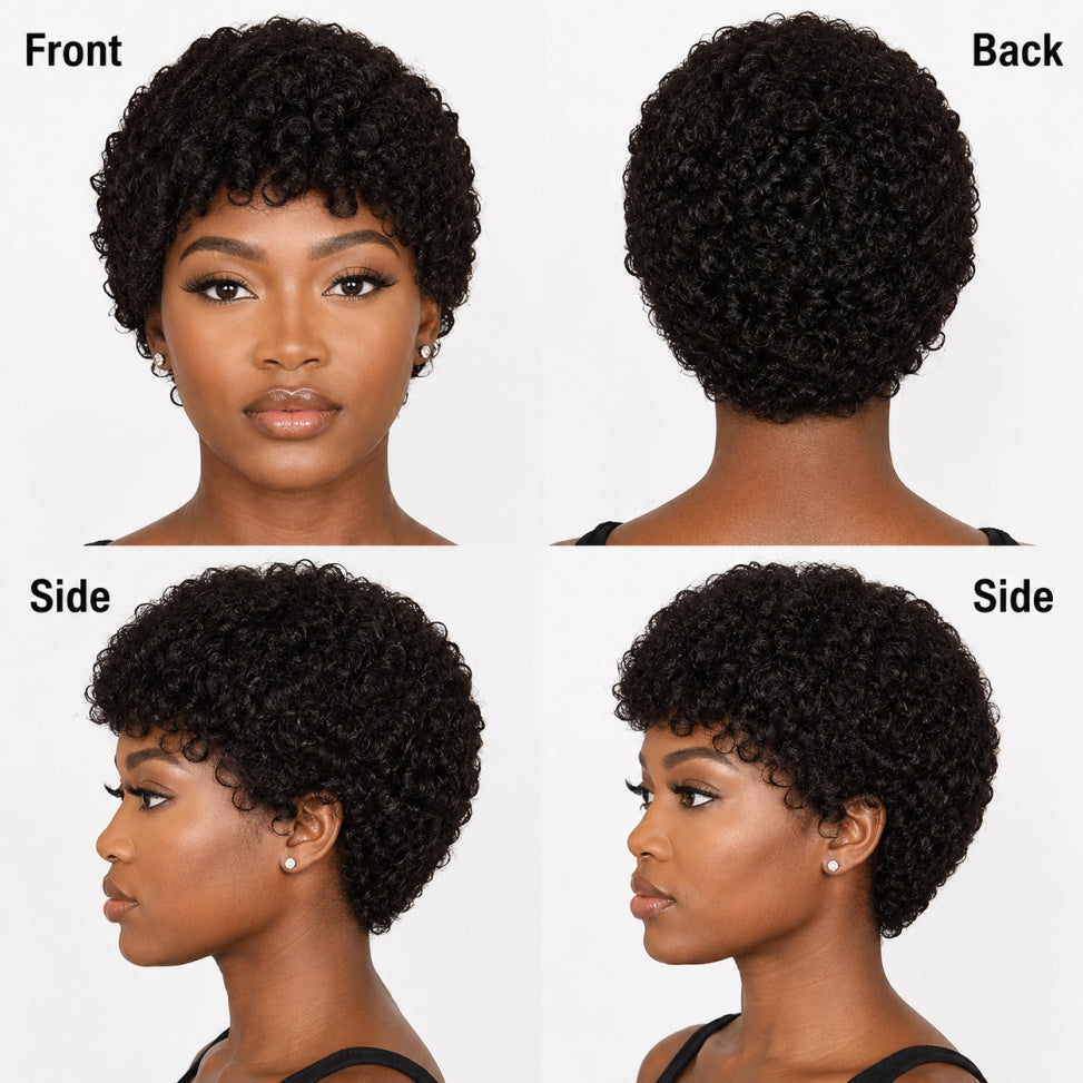 Pixie-style Human Hair Wig, Natural Color, Jerry Curly Texture, 4-inch Length.