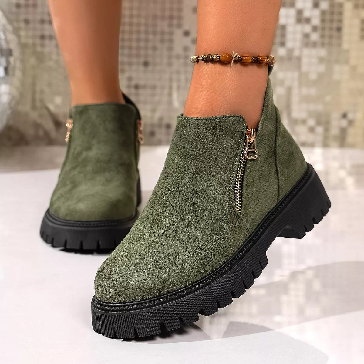 Round Toe Side Zip Ankle Boots