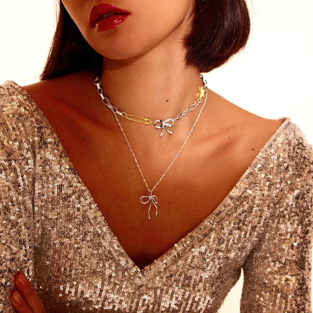 Two-Tone Bow Star Necklace