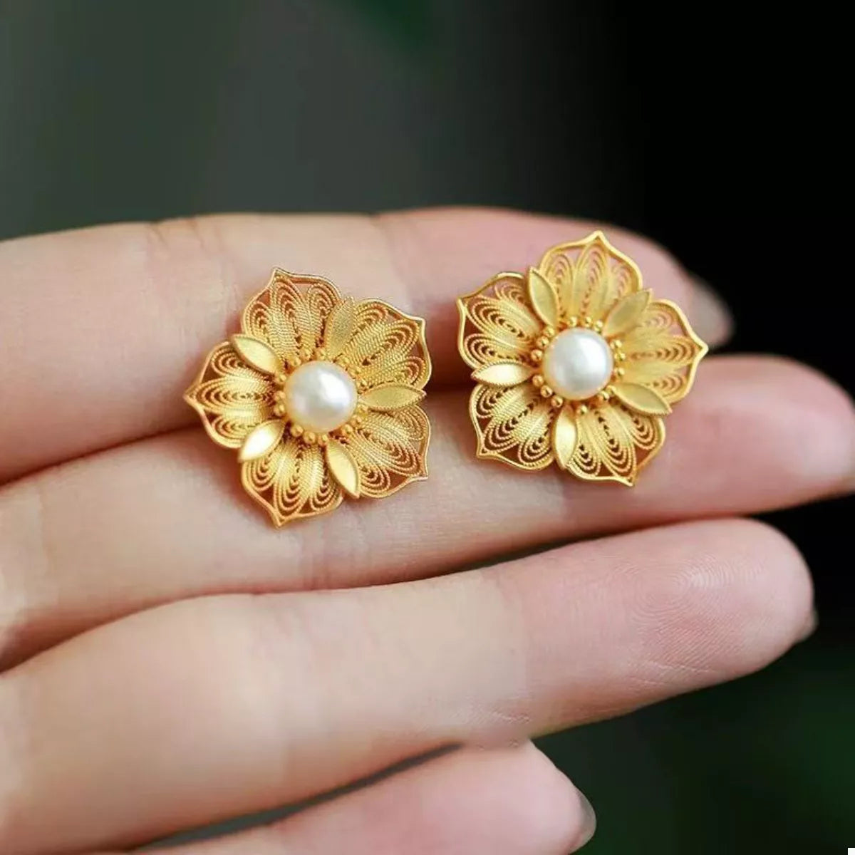 Floral Stud Earrings with Pearl Center