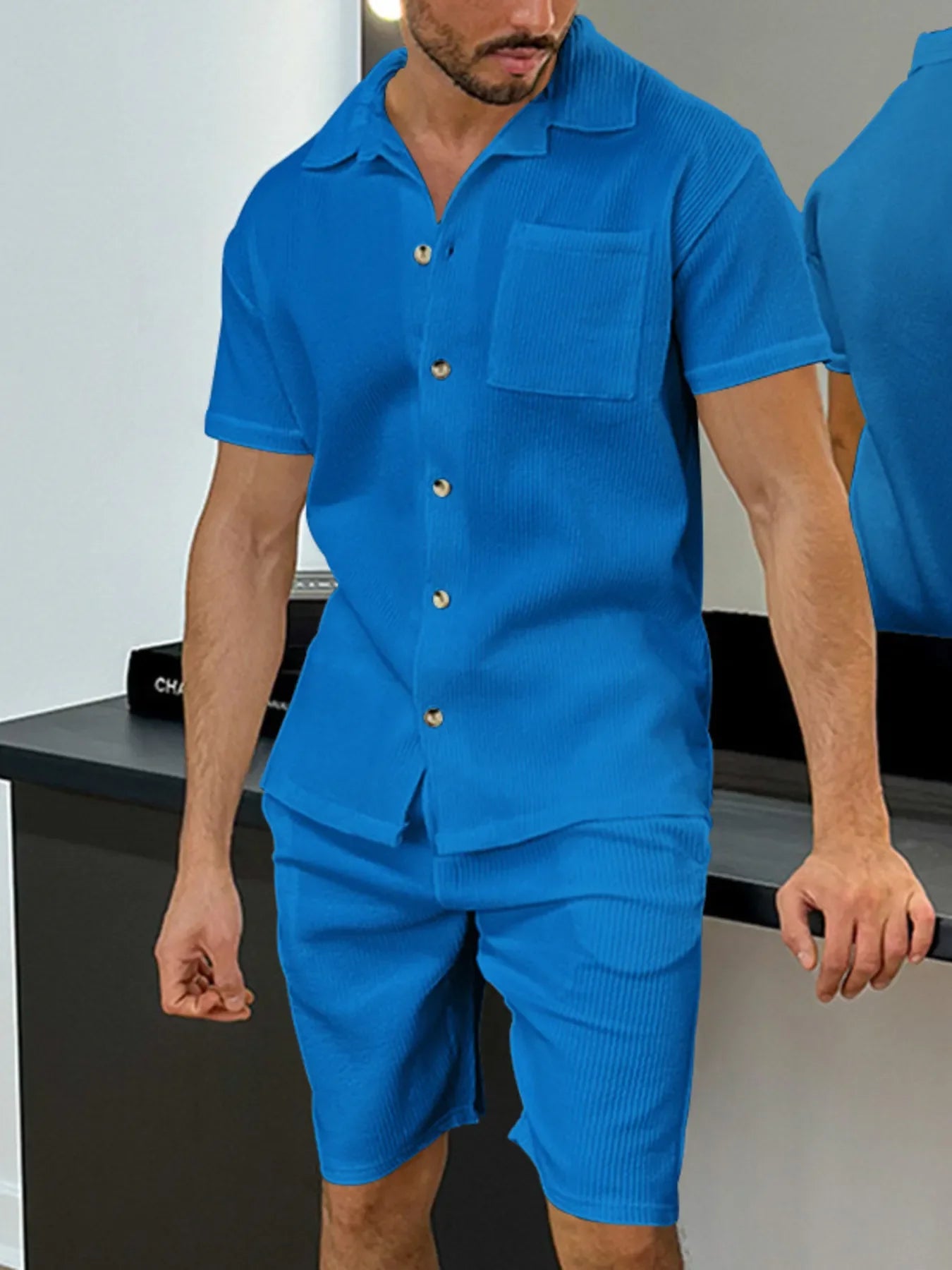 Men's Full Size Button Up Top and Shorts Set Plus Size