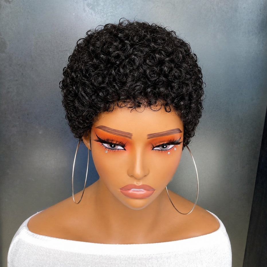 Pixie-style Human Hair Wig, Natural Color, Jerry Curly Texture, 4-inch Length.