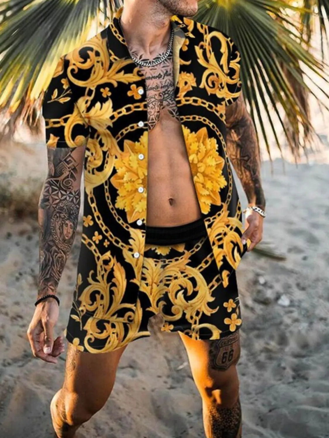 Men's Plus Size Printed Short Sleeve Shirt and Shorts Set