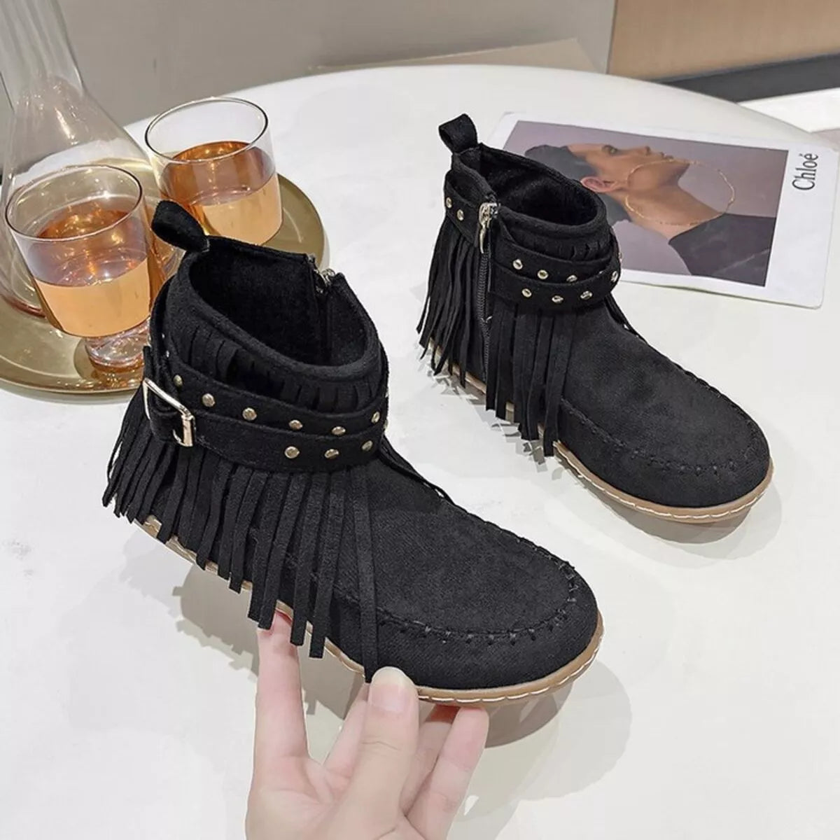 Fringe Round Toe Boots