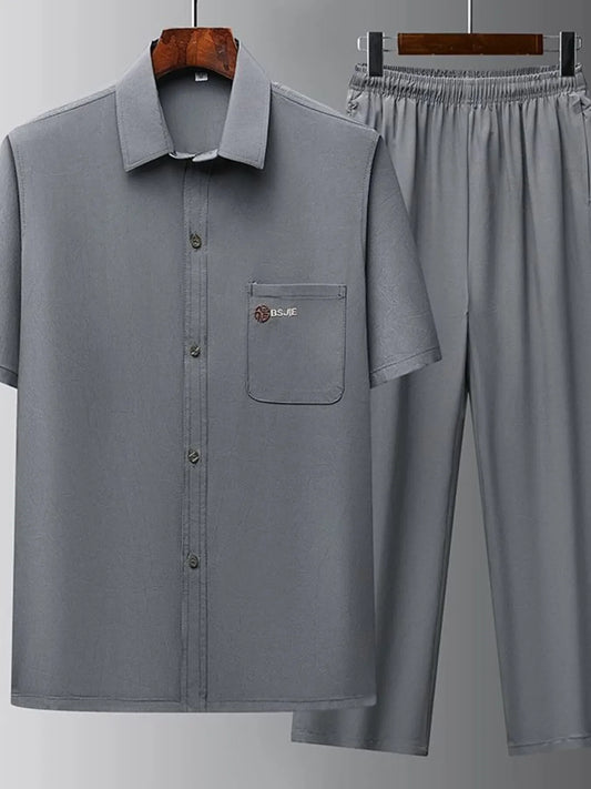 Men's Full Size Button Up Short Sleeve Top and Pants Set Plus Size