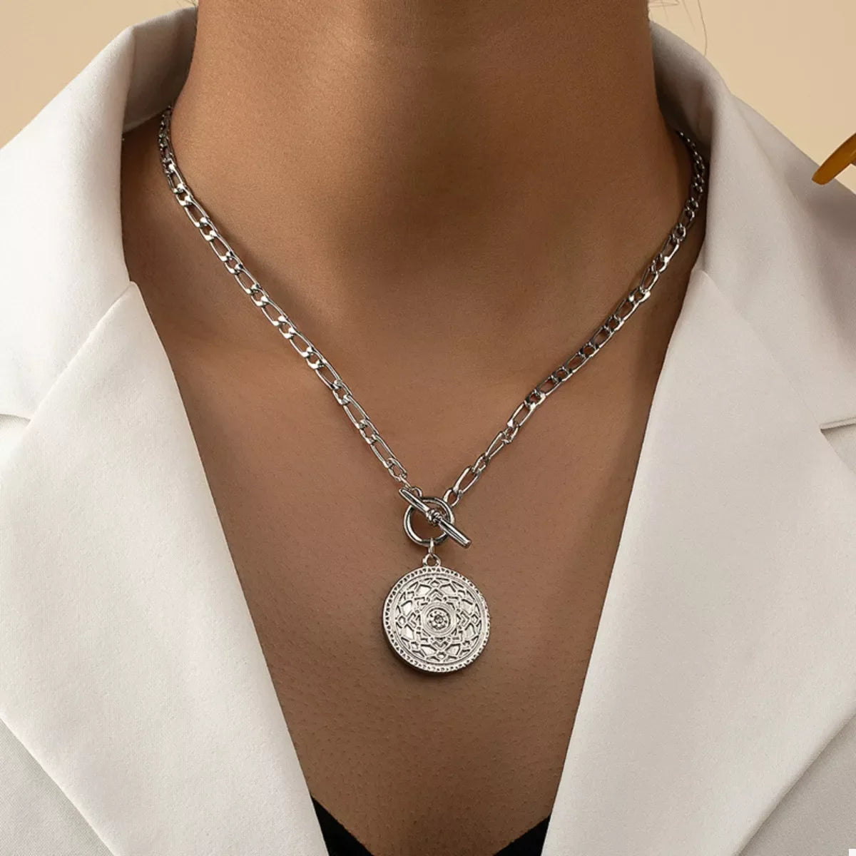 Chain Link Necklace with Vintage Coin Pendant