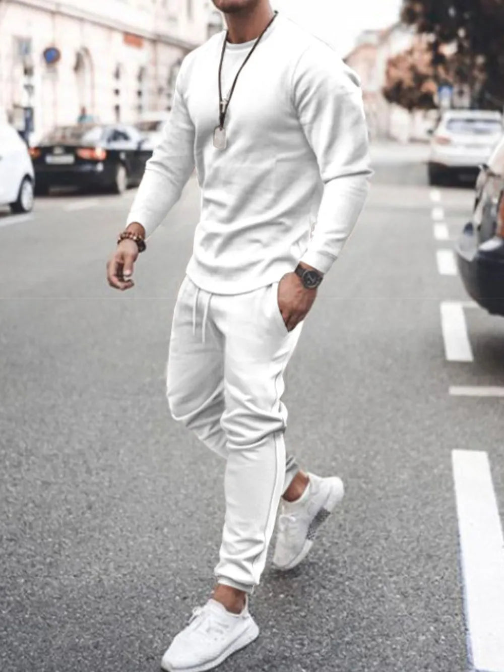 Men's Full Size Round Neck Long Sleeve Top and Pants Set Plus Size