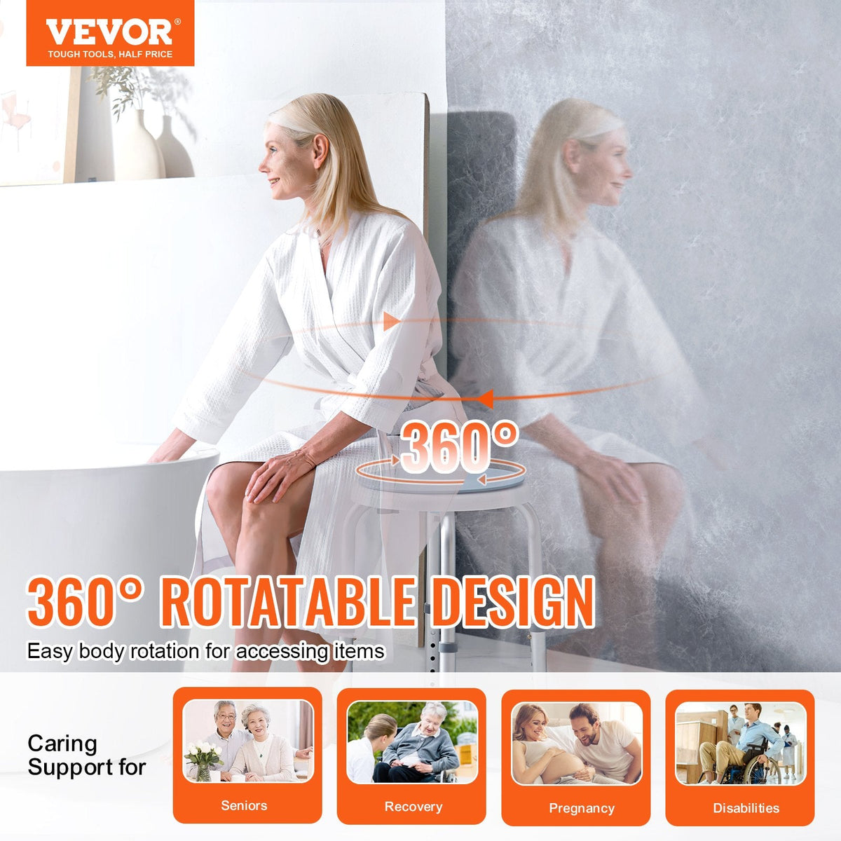 VEVOR Shower Chair For Inside Shower, 360 Degree Swivel Shower Seat, Adjustable Height Shower Stool, Non-Slip Bench Bathtub Seat Stool For Elderly Disabled Adults Handicap, 300 Lbs Capacity