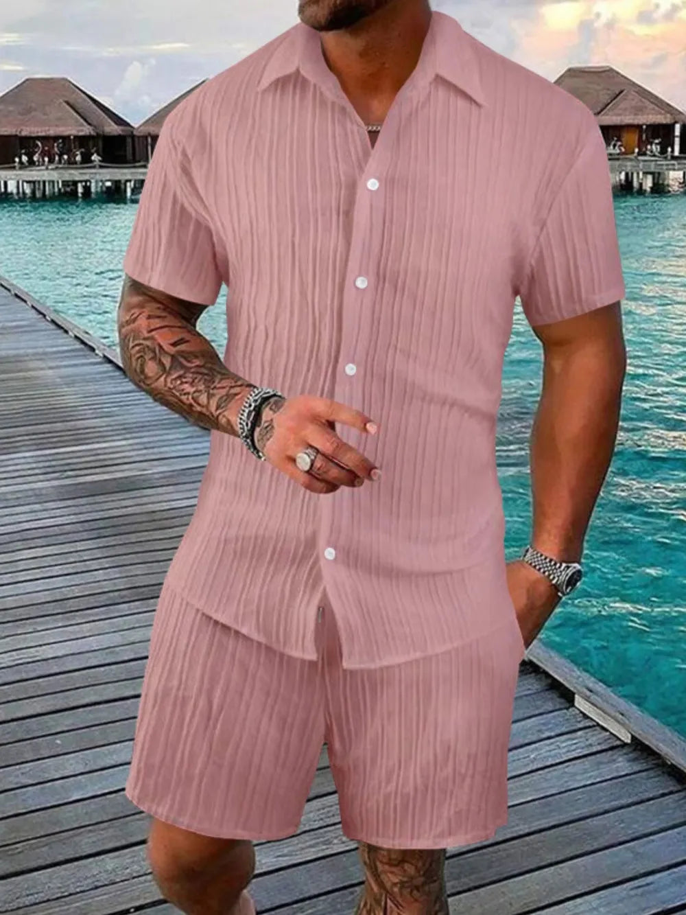 Men's Full Size Button Down Short Sleeve Shirt and Shorts Set Plus Size