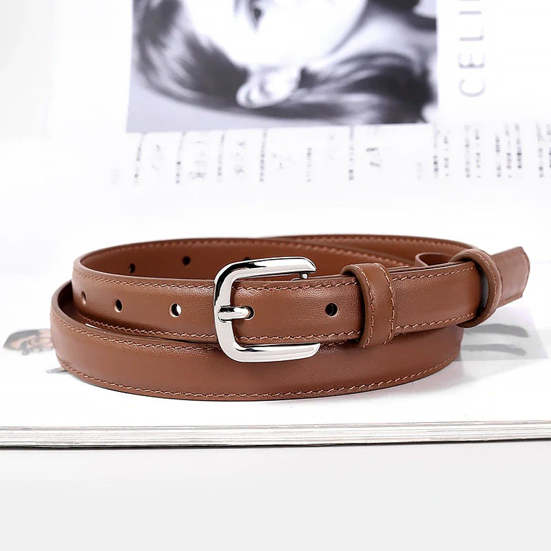 Classic Leather Skinny Belt with Silver Buckle