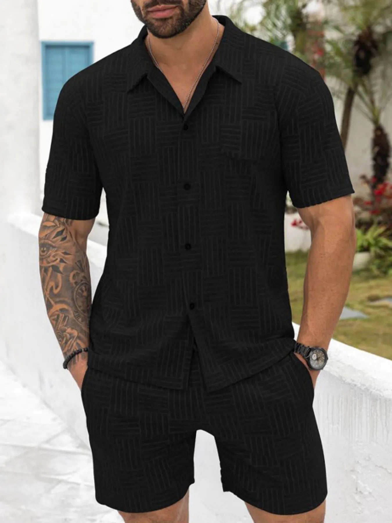 Men's Full Size Button Up Short Sleeve Top and Shorts Set Plus Size