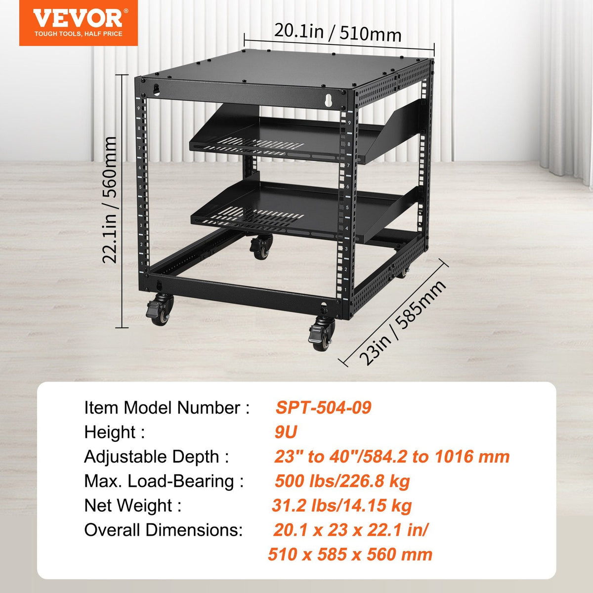 VEVOR 9U 4 Post Open Frame Server Rack Network Enclosure Adjustable