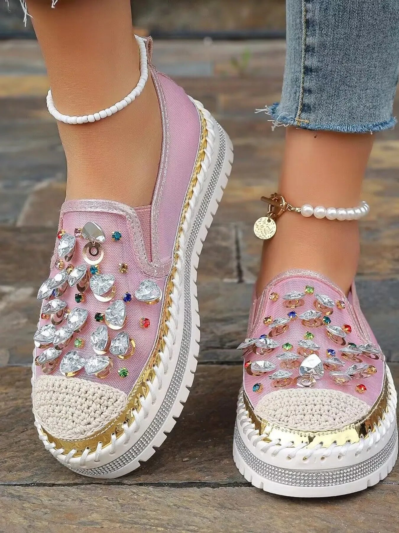 Rhinestone Round Toe Platform Loafers