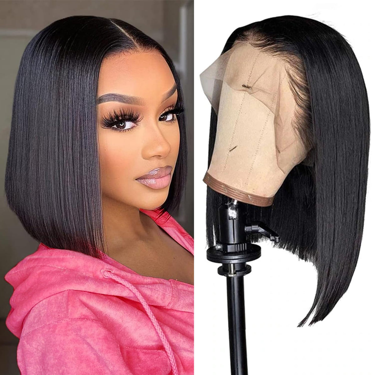 13x4x4 Straight Bob Human Hair Lace Front Wig, Natural Color,Density, 16 Inches