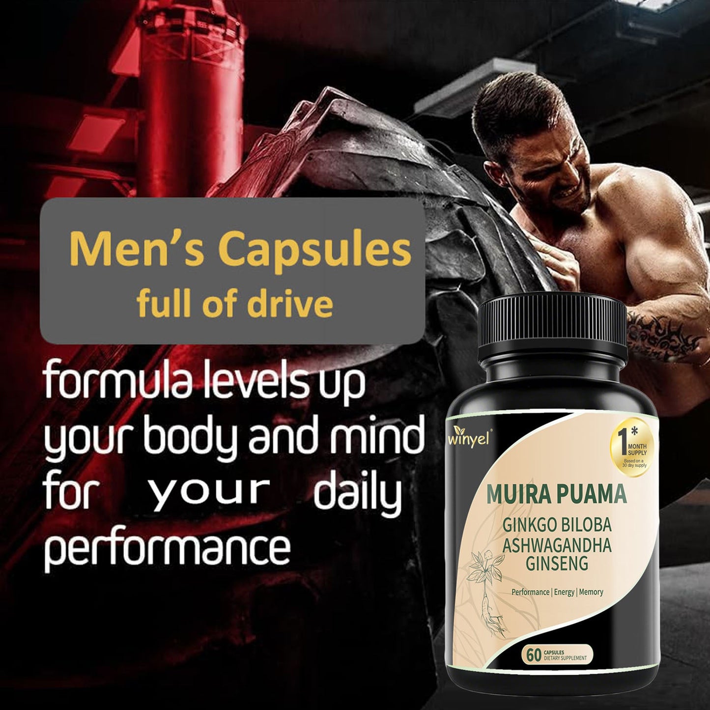 Muira Puama Ginseng Ashwagandha Ginkgo Tribulus  Herbal Supplements  Unleash Your Potential Through Our Pills  Dietary Supplements, Help Promote An Active And Healthy Lifestyle  60 Capsules