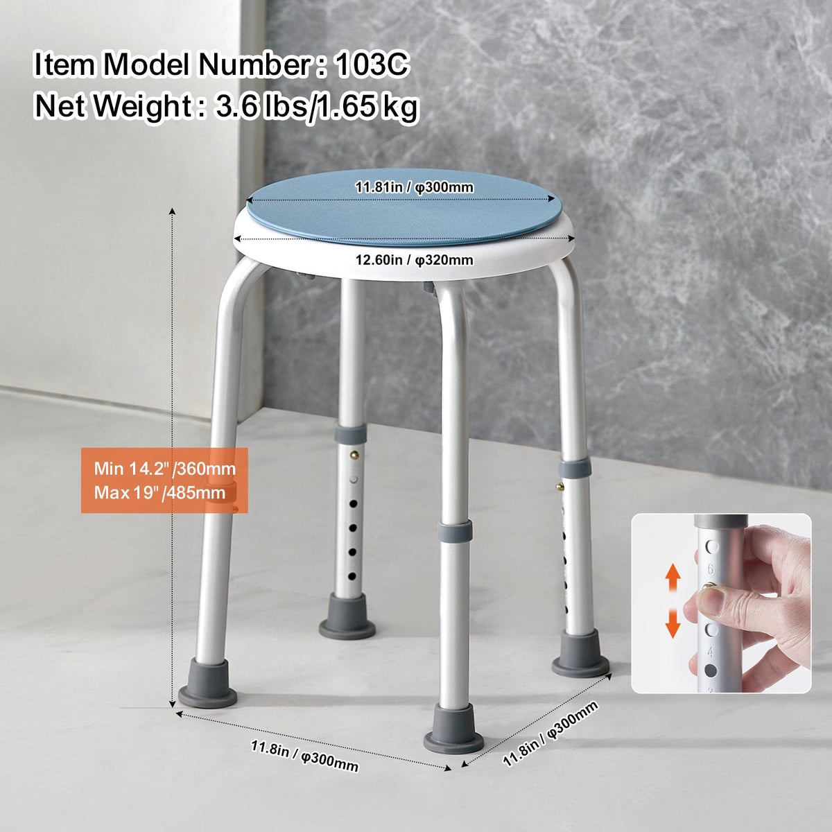 VEVOR Shower Chair For Inside Shower, 360 Degree Swivel Shower Seat, Adjustable Height Shower Stool, Non-Slip Bench Bathtub Seat Stool For Elderly Disabled Adults Handicap, 300 Lbs Capacity