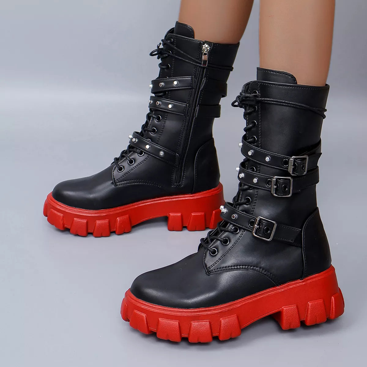 Buckled Lace-Up Combat Boots