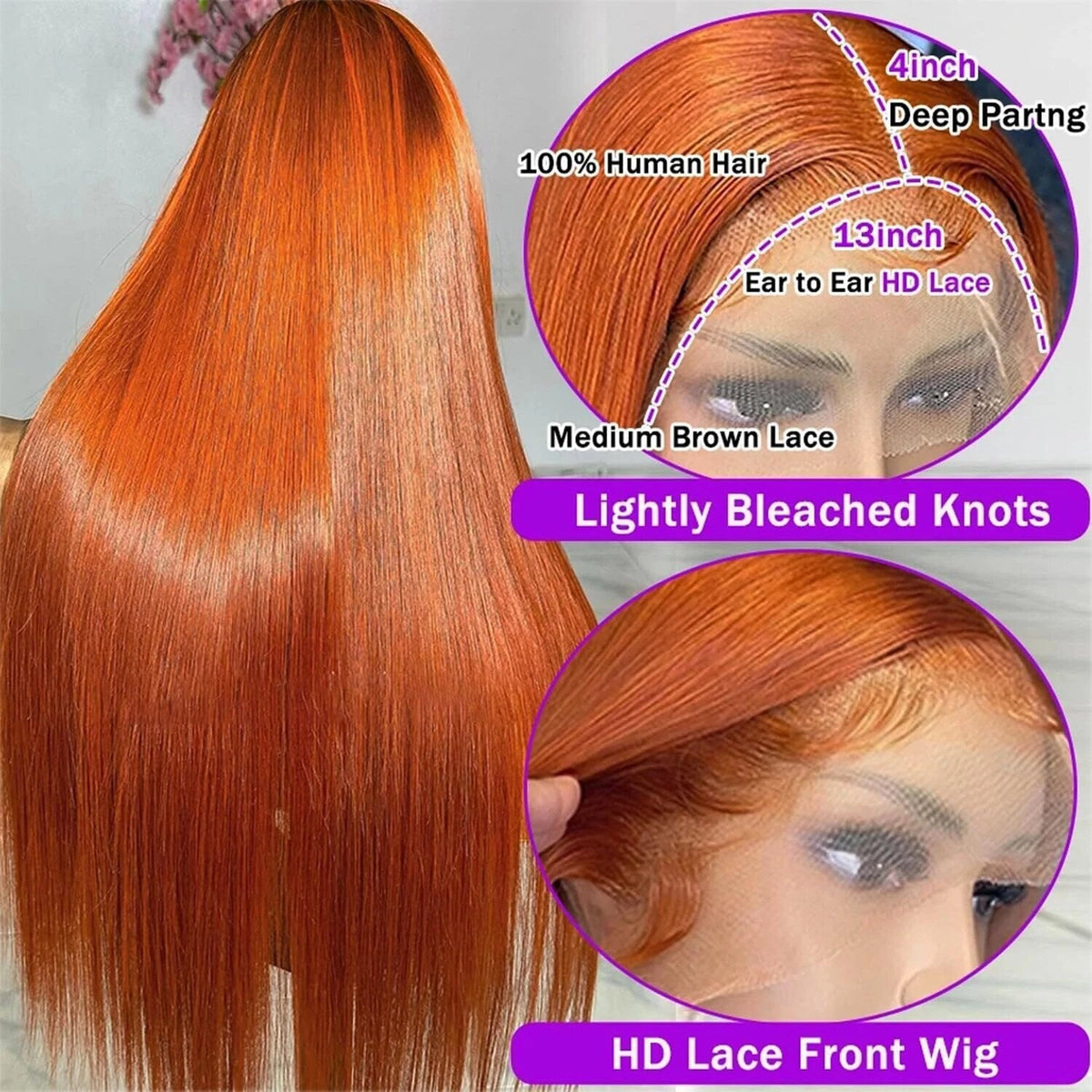 13x4 Straight Human Hair Lace Front Wig Ginger Yellow Density